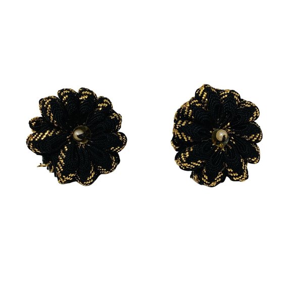 Vintage Fabric Floral Black Gold Screw Back Earrings - Picture 2 of 4